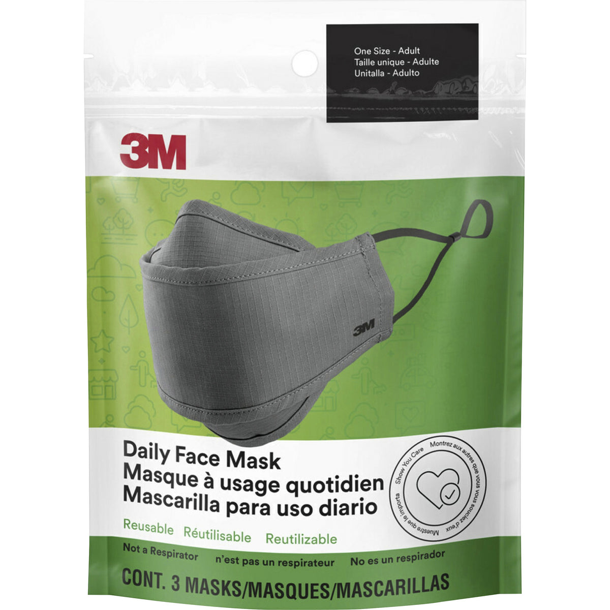 3M Daily Face Masks - Recommended for: Face, Indoor, Outdoor, Office, Transportation - Cotton, Fabric - Gray - 3 / Pack