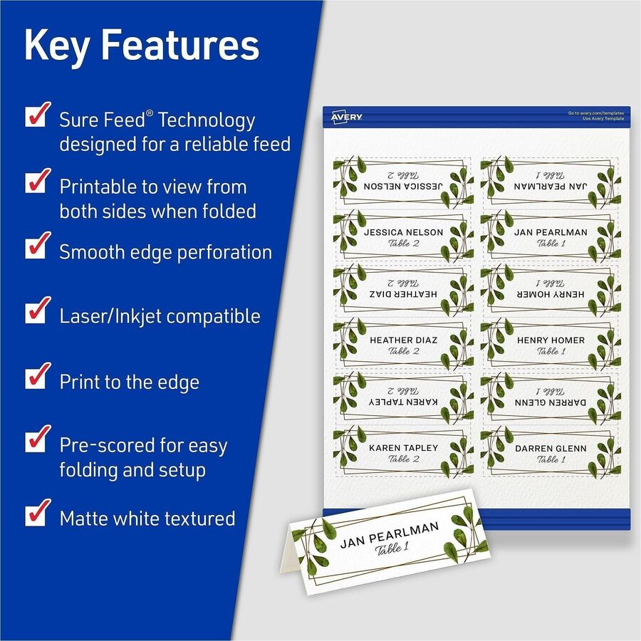 Avery® Place Cards with Sure Feed - 1 7/16" x 3 3/4" - Matte - 1 Carton