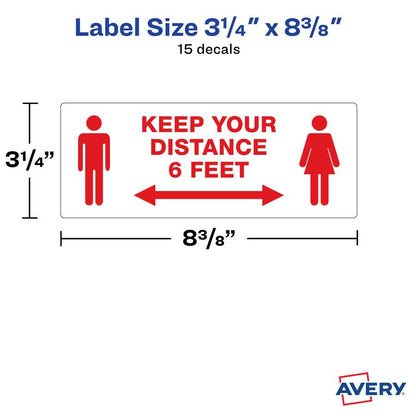Avery® Surface Safe KEEP YOUR DISTANCE Decals - Print/Message "Keep Your Distance" - Rectangular Shape - 1 Pack