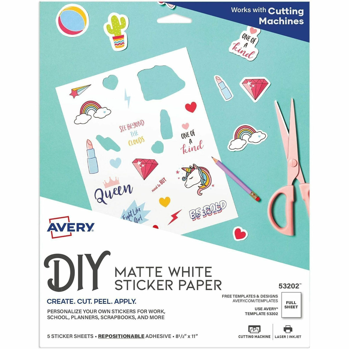 Avery® Matte White Sticker Project Paper - Letter - 8 1/2" x 11" - Matte - 6 / Carton