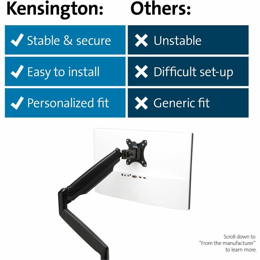 Kensington SmartFit Mounting Arm for Monitor, Curved Screen Display, Flat Panel Display - Black - Landscape/Portrait - H