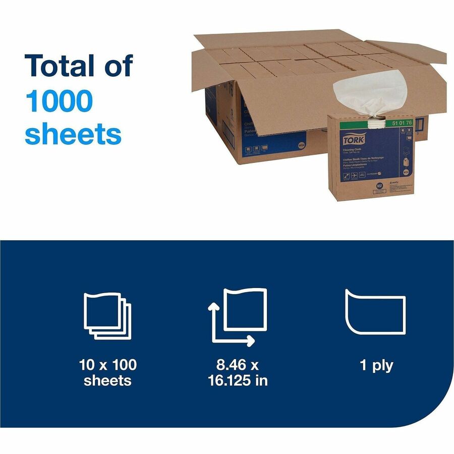TORK Cleaning Cloth - 1 Ply - 8.46" Width x 16.13" Length - White - 10 / Carton