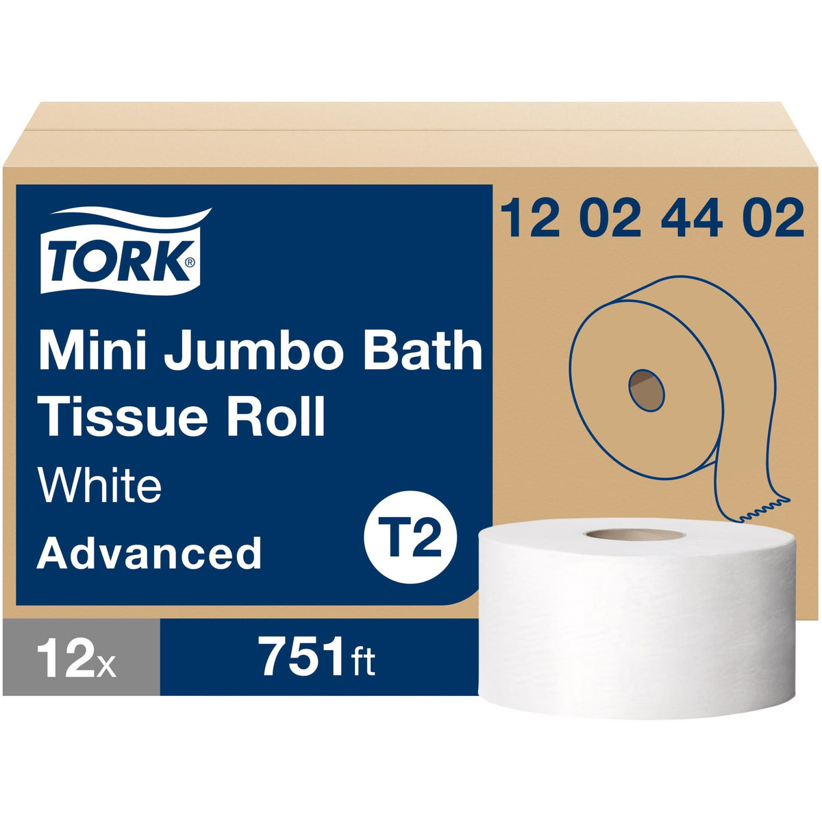 TORK Mini Jumbo Toilet Paper Roll White T2 - 2 Ply - 7.36" Roll Diameter - 2 11/32" Core - White - Fiber - 12 / Carton