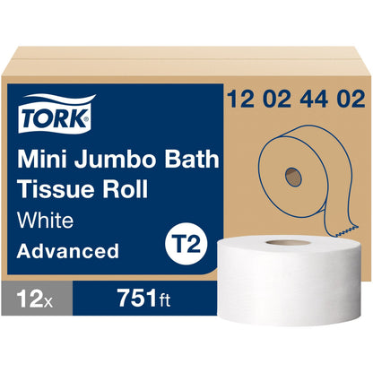TORK Mini Jumbo Toilet Paper Roll White T2 - 2 Ply - 7.36" Roll Diameter - 2 11/32" Core - White - Fiber - 12 / Carton