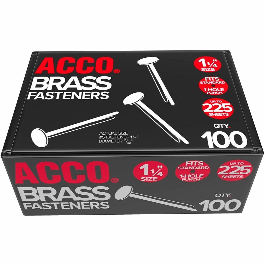 ACCO Solid Brass Round Head Fasteners - 1.25" Shank - 0.5" Diameter - Brass - Brass - 100 / Box