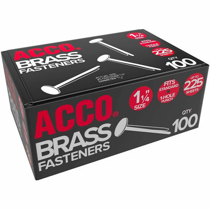 ACCO Solid Brass Round Head Fasteners - 1.25" Shank - 0.5" Diameter - Brass - Brass - 100 / Box