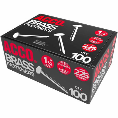 ACCO Solid Brass Round Head Fasteners - 1.25" Shank - 0.5" Diameter - Brass - Brass - 100 / Box