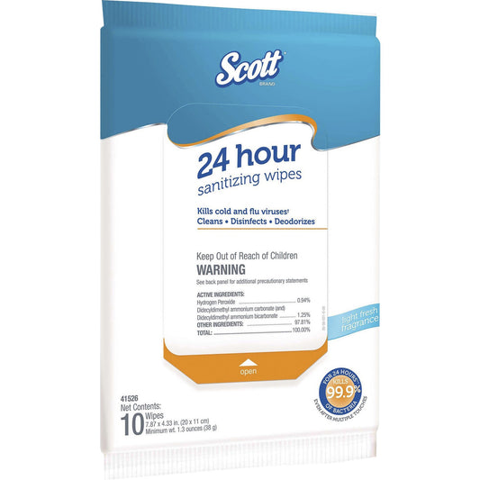 Scott 24 Hour Sanitizing Wipes - Fresh Scent - 7.87" Length x 4.33" Width - Bleach-free, Antibacterial, Rinse-free - Whi