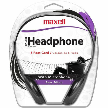 Maxell HP200MIC Headset - Mini-phone (3.5mm) - Wired - Ear-cup - 6 ft Cable - Black