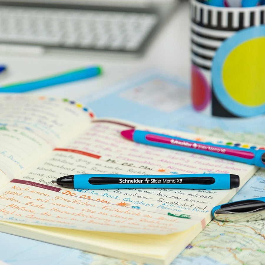 Schneider Slider Memo XB Ballpoint Pen - 1.4 mm Extra Broad Pen Point - Black Ink - Black Rubberized, Light Blue Barrel 