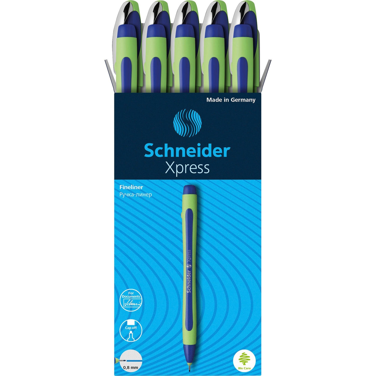 Schneider Xpress Fineliner Pen - 0.8 mm Medium Pen Point - Blue Ink - Blue Rubberized, Green Barrel - Stainless Steel Ti