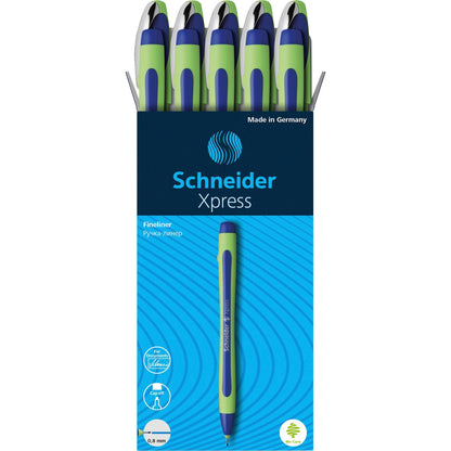 Schneider Xpress Fineliner Pen - 0.8 mm Medium Pen Point - Blue Ink - Blue Rubberized, Green Barrel - Stainless Steel Ti