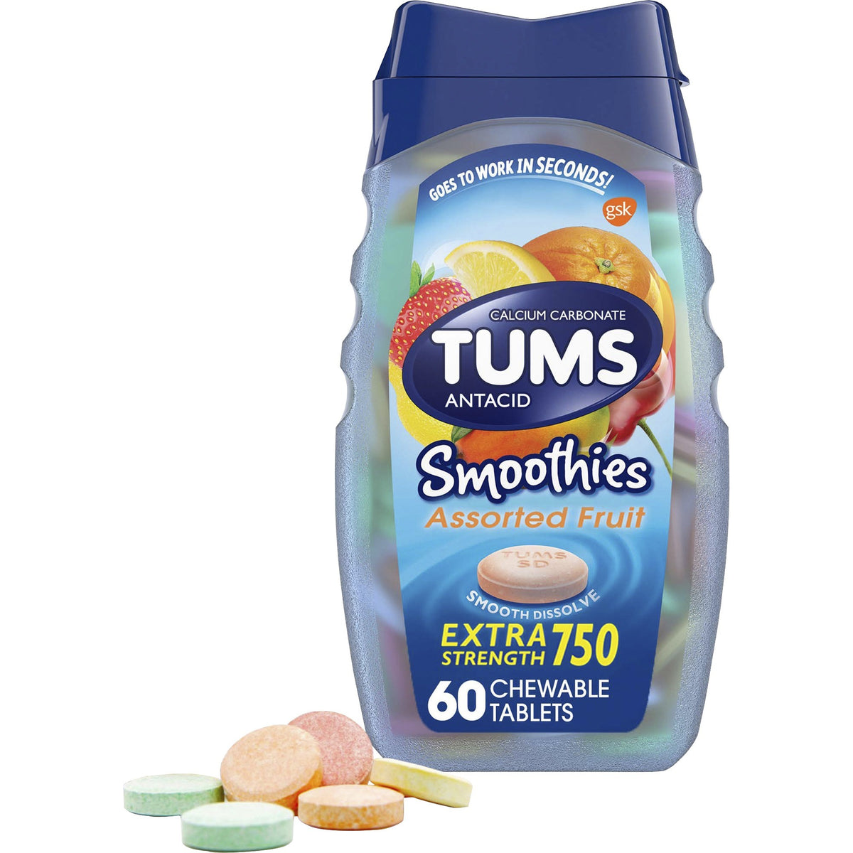 TUMS Smoothies Extra Strength Antacid Chewable Tablet - For Acid Indigestion, Heartburn, Sour Stomach, Upset Stomach - A