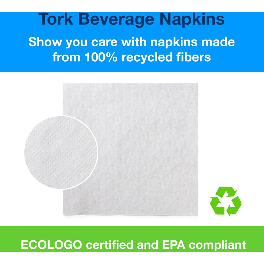 TORK White Beverage Napkin - 1 Ply - 9.38" Width x 9.38" Length - White - Paper, Fiber - 500/Pack - 8 / Carton