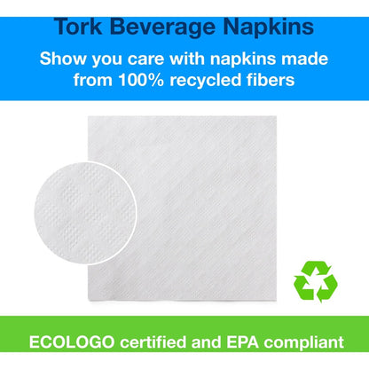 TORK White Beverage Napkin - 1 Ply - 9.38" Width x 9.38" Length - White - Paper, Fiber - 500/Pack - 8 / Carton