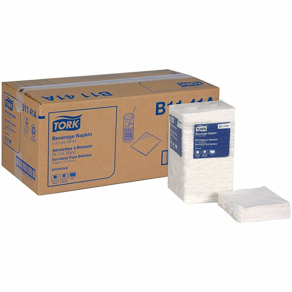 TORK White Beverage Napkin - 1 Ply - 9.38" Width x 9.38" Length - White - Paper, Fiber - 500/Pack - 8 / Carton
