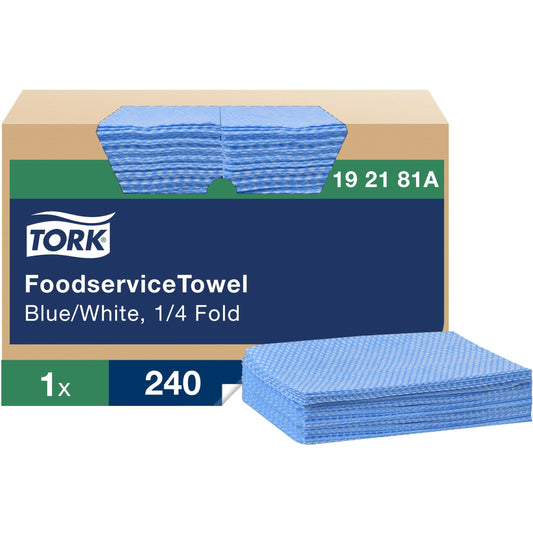 TORK Foodservice Towels - 1 Ply - Quarter-fold - 13" Width x 21" Length - Blue, White - Viscose, Cotton - 1 Carton