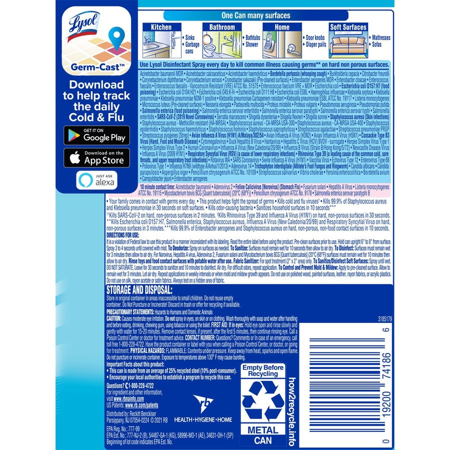 Lysol Crisp Linen Disinfectant Spray - For Multi Surface, Multipurpose - Spray - 12.50 oz (0.78 lb) - Crisp Linen Scent 