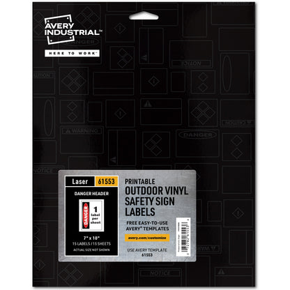 Avery® Danger Header Printable Outdoor Vinyl Signs - Waterproof - DANGER - 7" Width x 10" Length - Permanent Adhesive - 
