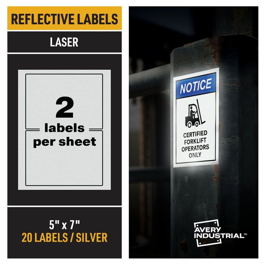 Avery® Reflective Sign Labels - 5" Width x 7" Length - Permanent Adhesive - Rectangle - Laser - Silver - Film - Water Re