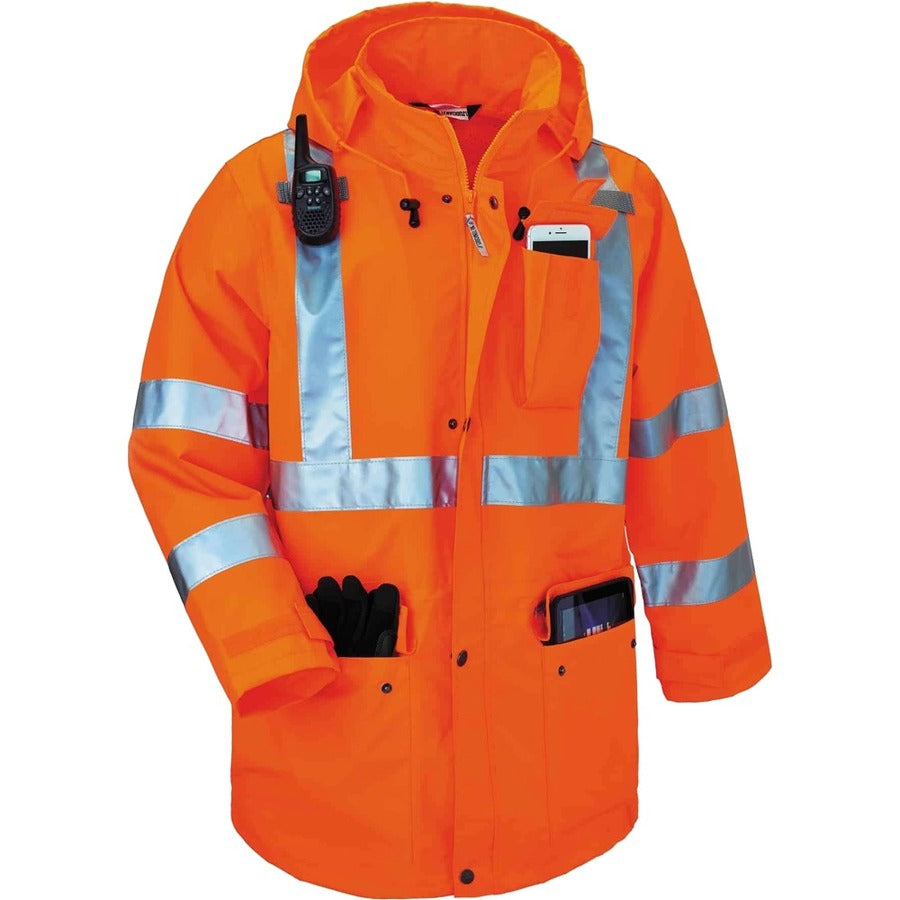 Ergodyne 4-in-1 High Visibility Jacket - 3-Xtra Large - Zipper Closure - Polyurethane, Polyurethane - Orange - 1 Each