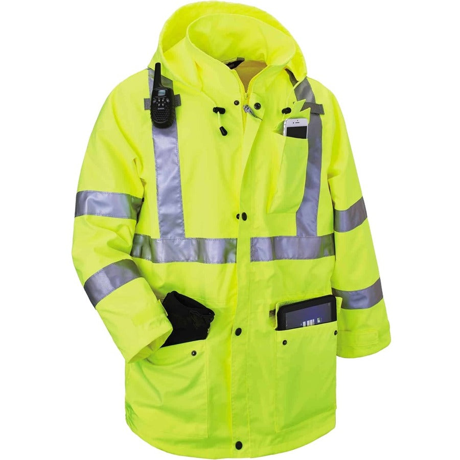 Ergodyne 4-in-1 High Visibility Jacket - Large - Zipper Closure - Polyurethane, Polyurethane - Lime - 1 Each