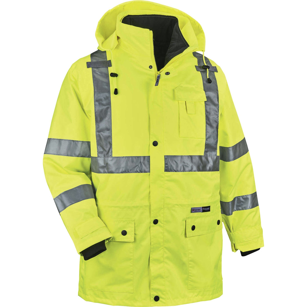 Ergodyne 4-in-1 High Visibility Jacket - Large - Zipper Closure - Polyurethane, Polyurethane - Lime - 1 Each
