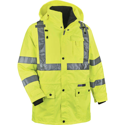 Ergodyne 4-in-1 High Visibility Jacket - Large - Zipper Closure - Polyurethane, Polyurethane - Lime - 1 Each