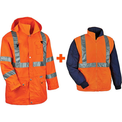 Ergodyne 4-in-1 High Visibility Jacket - Large - Zipper Closure - Polyurethane, Polyurethane - Orange - 1 Each