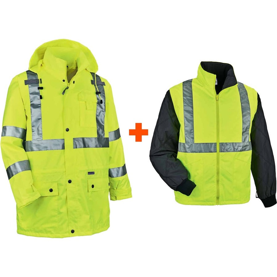 Ergodyne 4-in-1 High Visibility Jacket - Small - Zipper Closure - Polyurethane, Polyurethane - Lime - 1 Each