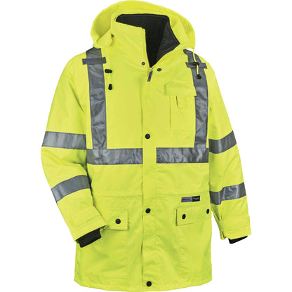 Ergodyne 4-in-1 High Visibility Jacket - X-Large - Zipper Closure - Polyurethane, Polyurethane - Lime - 1 Each