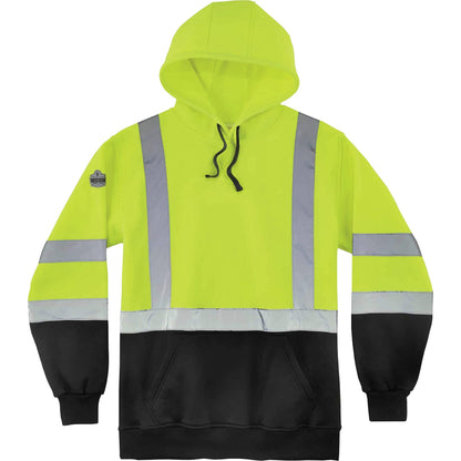 Ergodyne Pullover Hi-Vis Hooded Sweatshirt - 5-Xtra Large Size Pull Over - Hood Collar - Black, Lime - Polar Fleece