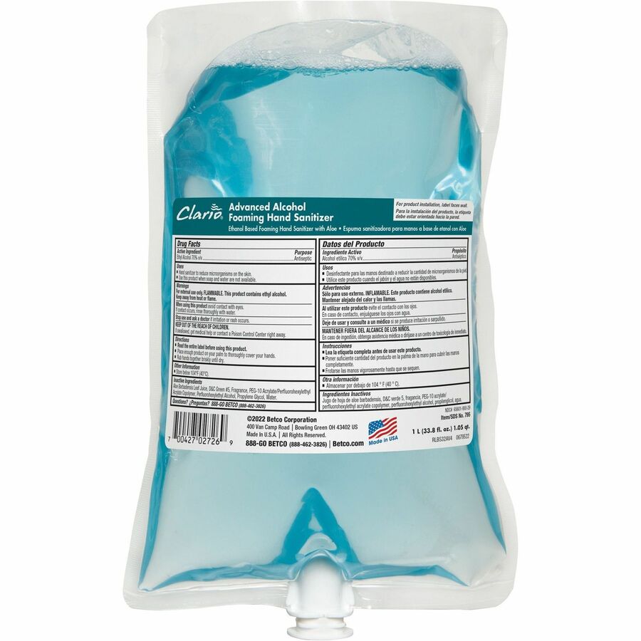 Betco Clario Hand Sanitizer Foam Refill - Citrus Scent - 1.06 quart - Kill Germs - Hand - Moisturizing - Light Blue - 6 