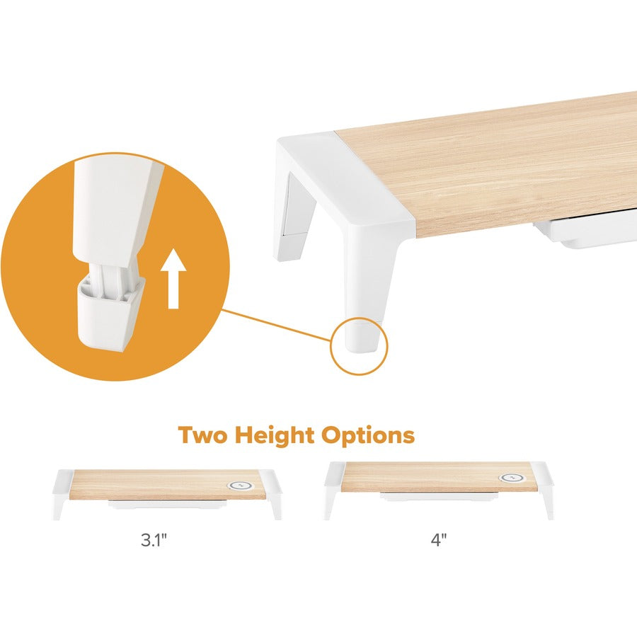 Bostitch Wireless Charging Wooden Monitor Stand - 33 lb Load Capacity - 4" Height x 24" Width x 8" Depth - Wood, Wood Gr