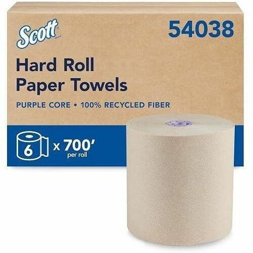 Scott Essential 100% Recycled Hard Roll Towels - 8" Width x 700 ft Length - 4200 Sheets - Brown - 6 / Carton