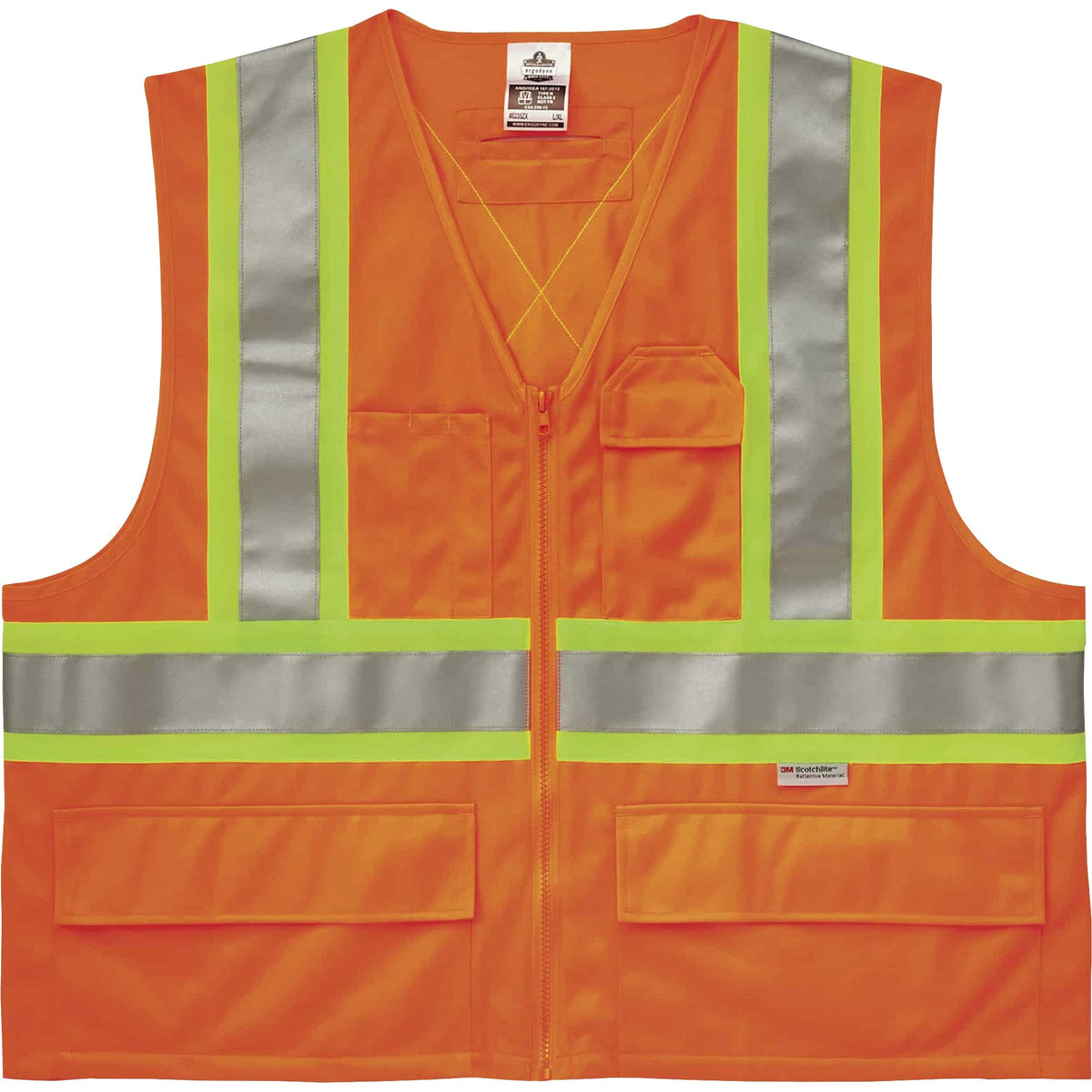 Ergodyne 8235ZX Type R Class 2 Two-Tone X-Back Vest - Large/Extra Large - Zipper Closure - Polyester - Orange - Pocket, 