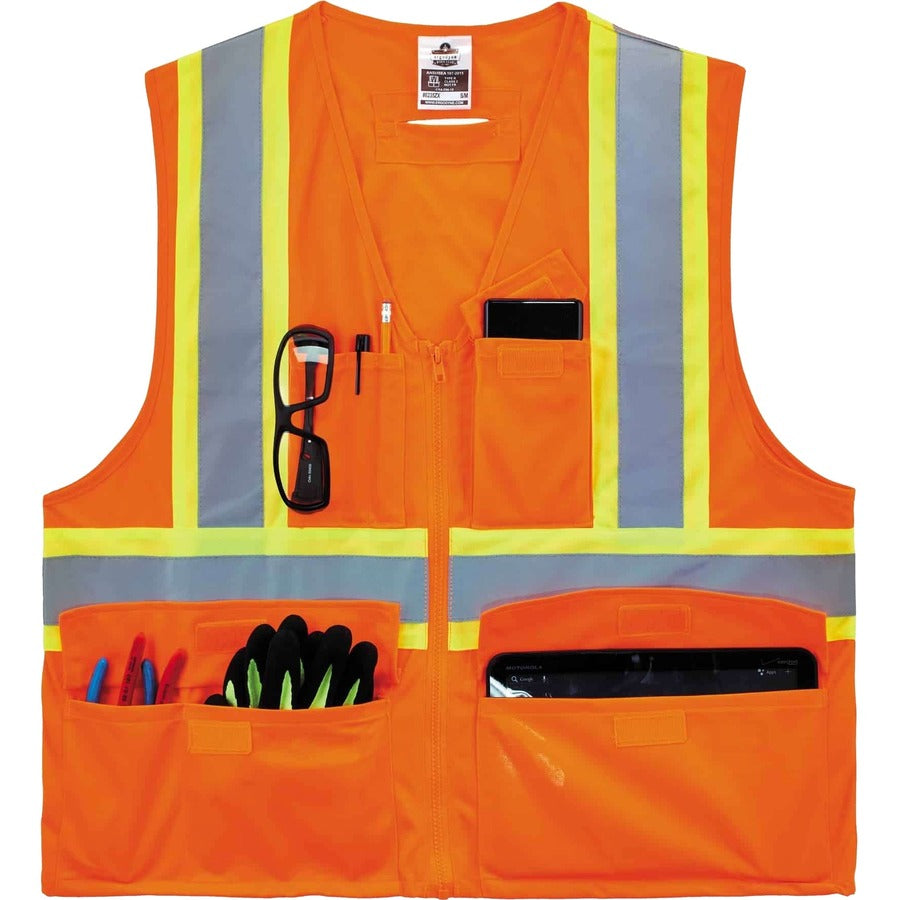 Ergodyne 8235ZX Type R Class 2 Two-Tone X-Back Vest - Large/Extra Large - Zipper Closure - Polyester - Orange - Pocket, 