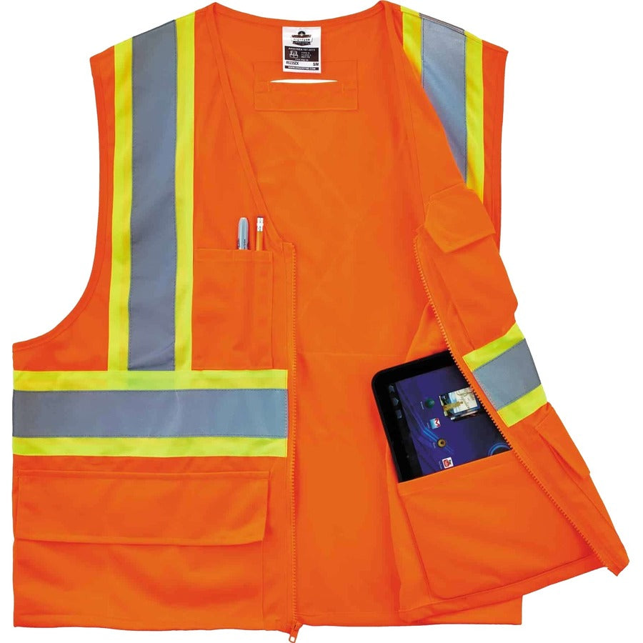 Ergodyne 8235ZX Type R Class 2 Two-Tone X-Back Vest - Large/Extra Large - Zipper Closure - Polyester - Orange - Pocket, 