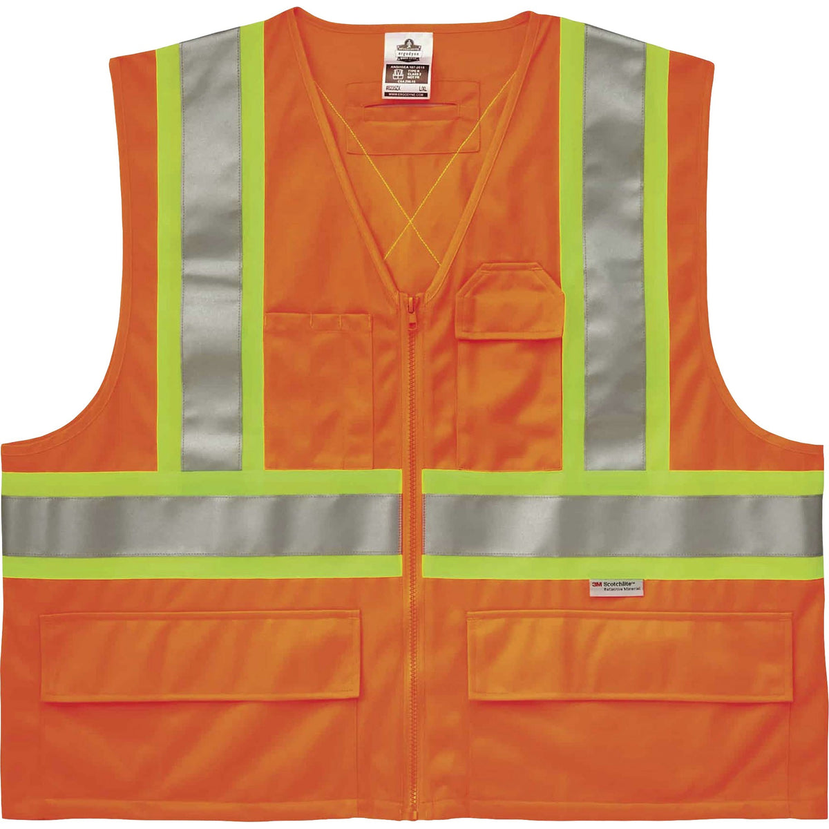Ergodyne 8235ZX Type R Class 2 Two-Tone X-Back Vest - 4-Xtra Large/5-Xtra Large - Zipper Closure - Polyester - Orange - 