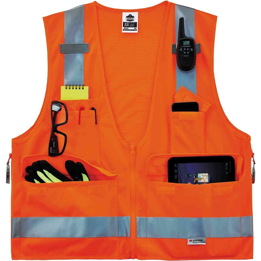 Ergodyne 8250Z Type R Class 2 Surveyors Vest - Large/Extra Large - Zipper Closure - Poly, Mesh - Orange - Pocket, Mic Ta