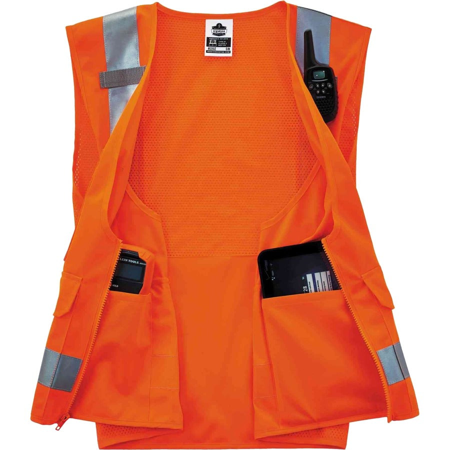 Ergodyne 8250Z Type R Class 2 Surveyors Vest - Large/Extra Large - Zipper Closure - Poly, Mesh - Orange - Pocket, Mic Ta