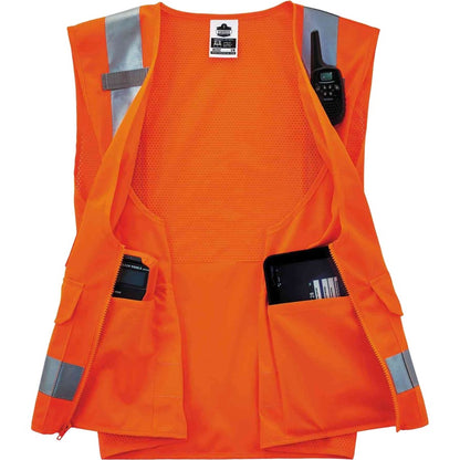 Ergodyne 8250Z Type R Class 2 Surveyors Vest - Large/Extra Large - Zipper Closure - Poly, Mesh - Orange - Pocket, Mic Ta
