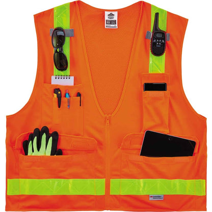 Ergodyne 8250ZHG Type R Class 2 Hi-Gloss Surveyors Vest - 2-Xtra Large/3-Xtra Large - Zipper Closure - Poly, Mesh - Oran