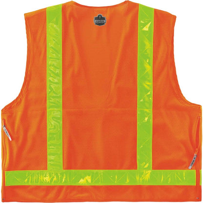 Ergodyne 8250ZHG Type R Class 2 Hi-Gloss Surveyors Vest - 2-Xtra Large/3-Xtra Large - Zipper Closure - Poly, Mesh - Oran