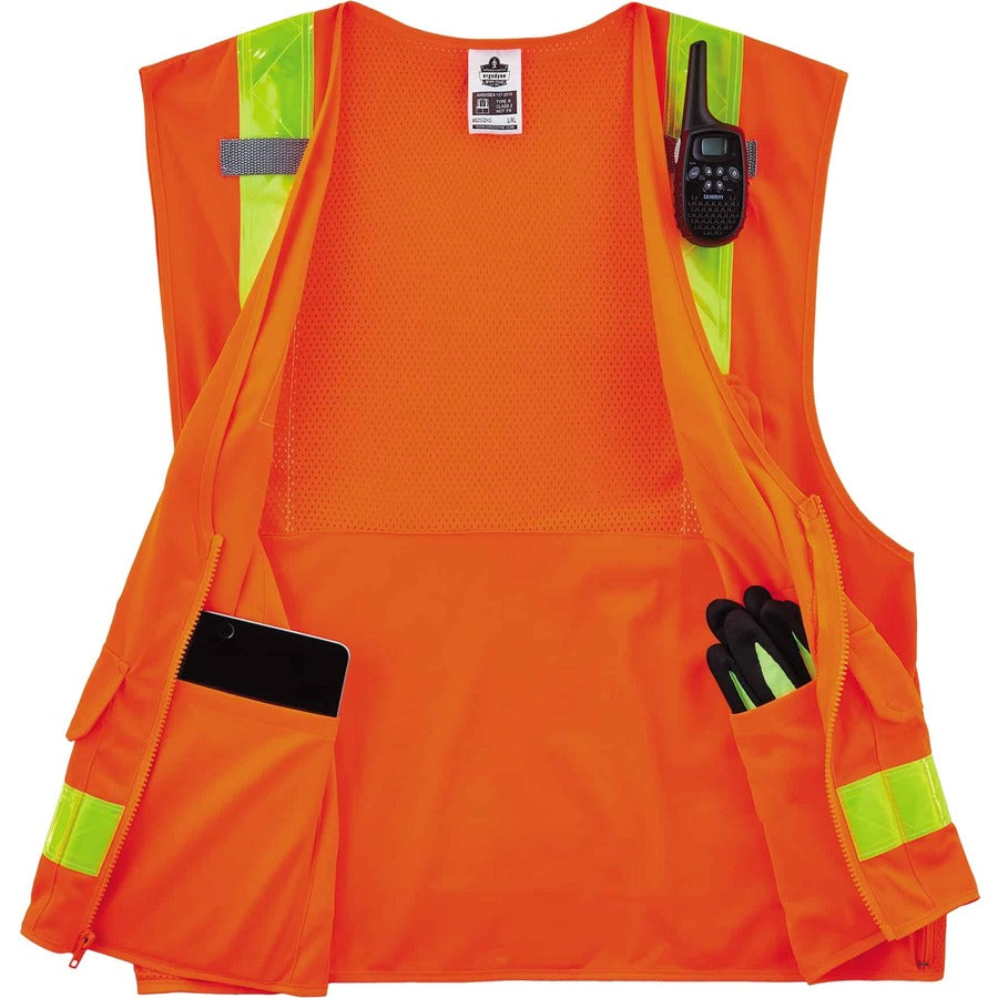 Ergodyne 8250ZHG Type R Class 2 Hi-Gloss Surveyors Vest - 2-Xtra Large/3-Xtra Large - Zipper Closure - Poly, Mesh - Oran