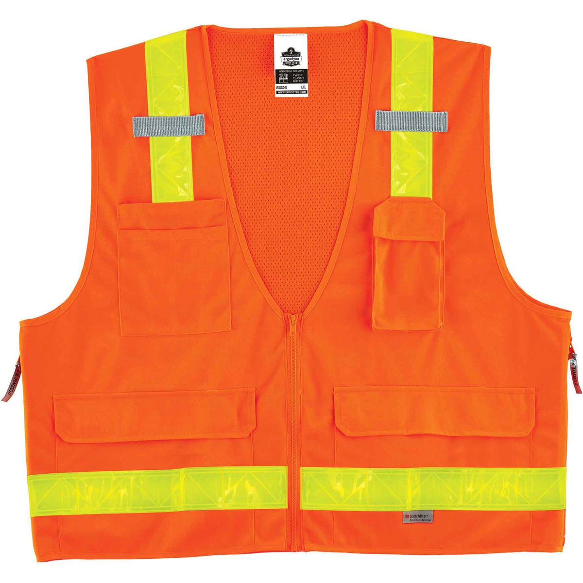 Ergodyne 8250ZHG Type R Class 2 Hi-Gloss Surveyors Vest - 2-Xtra Large/3-Xtra Large - Zipper Closure - Poly, Mesh - Oran
