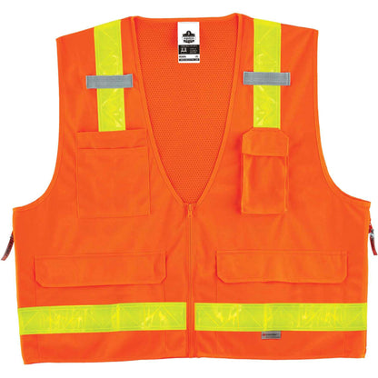 Ergodyne 8250ZHG Type R Class 2 Hi-Gloss Surveyors Vest - 2-Xtra Large/3-Xtra Large - Zipper Closure - Poly, Mesh - Oran