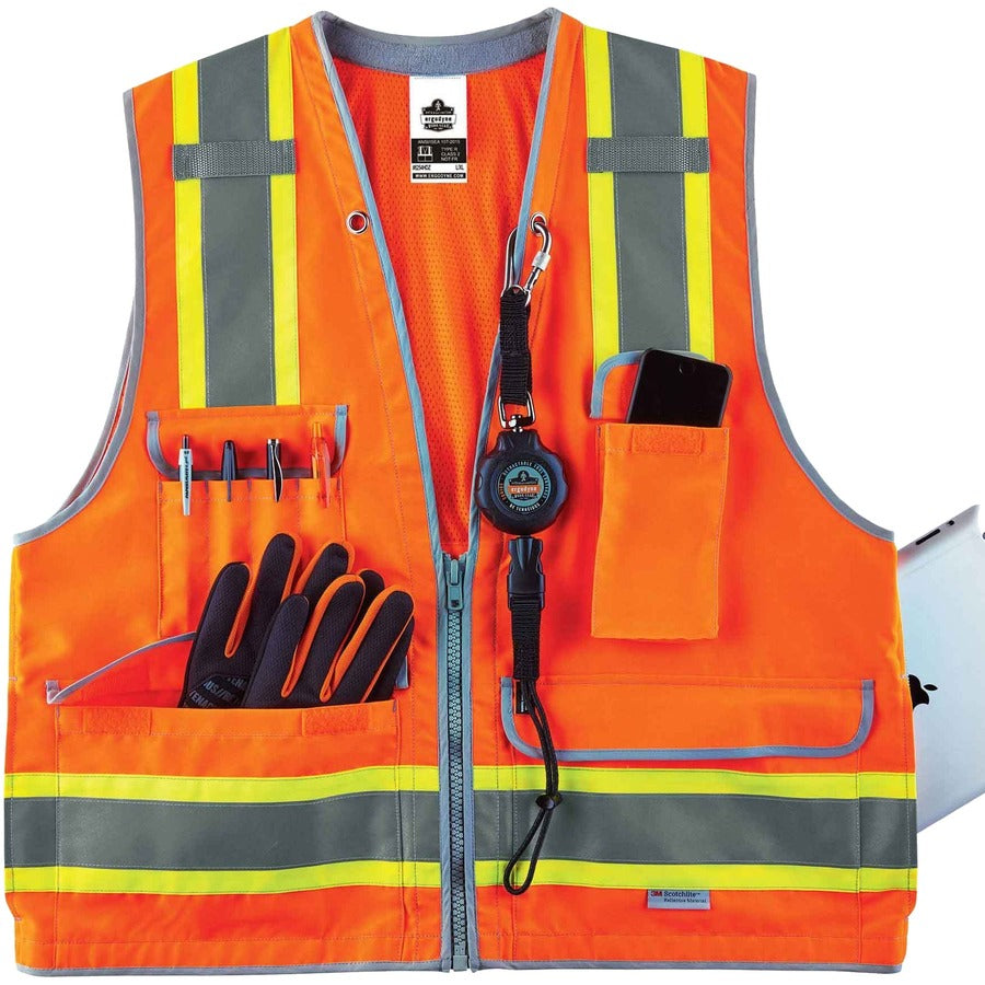 Ergodyne 8254HDZ Type R Class 2 Heavy-Duty Surveyors Vest - Large/Extra Large - Zipper Closure - Polyester, Mesh - Orang