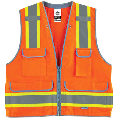 Ergodyne 8254HDZ Type R Class 2 Heavy-Duty Surveyors Vest - Large/Extra Large - Zipper Closure - Polyester, Mesh - Orang