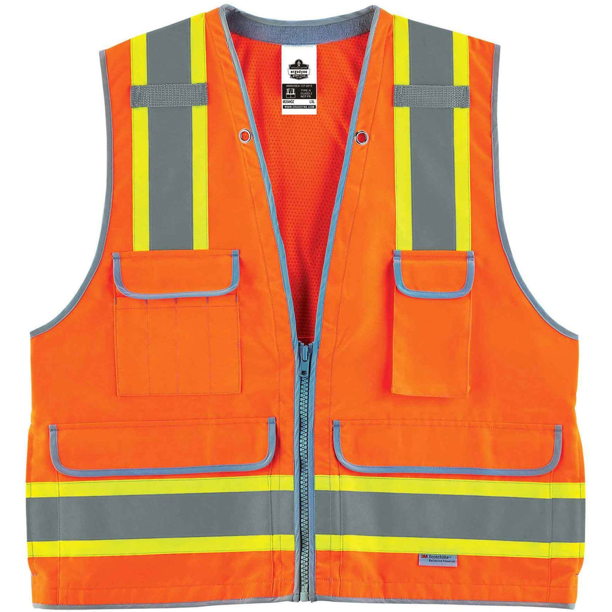Ergodyne 8254HDZ Type R Class 2 Heavy-Duty Surveyors Vest - 4-Xtra Large/5-Xtra Large - Zipper Closure - Polyester, Mesh